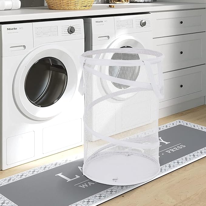BATTOO Large Collapsible Laundry Basket Foldable Mesh Pop Up Hamper with Handles for Laundry Room, Bathroom, Kids Room, College Dorm, Travel, Storage Organizer White