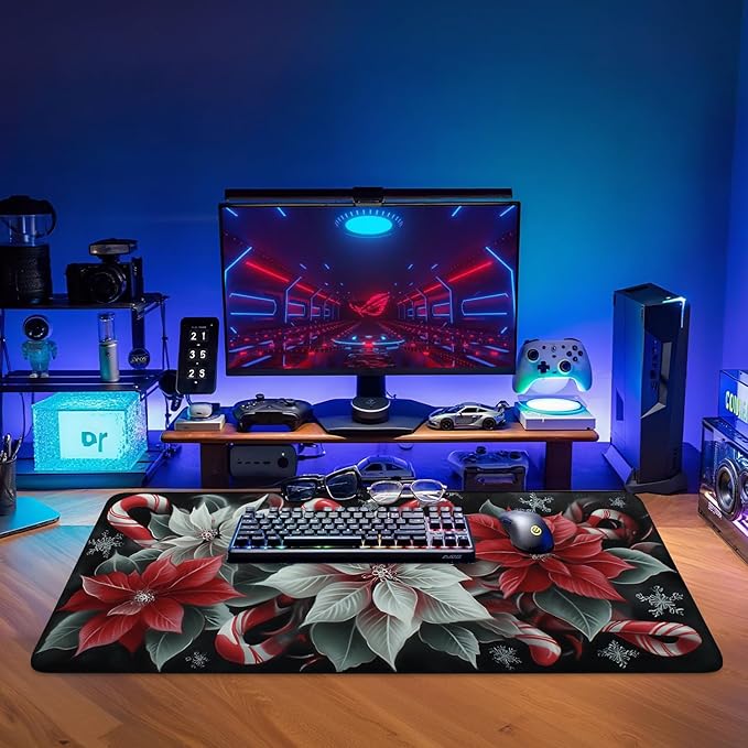 Christmas Flowers Gaming Mouse Pad 35.4"x15.7"Desk Mat Anti-Slip Rubber Base & Durable Stitched Edges for Gamers Smooth Mouse Writing Surface for Desk Office/Home