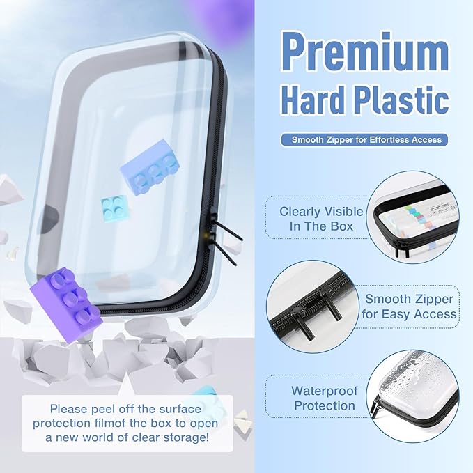 2Pcs Clear Hard Shell Zipper Case, Clear Zipper Pouches Makeup Case & Diaper Bag Organizer Lidded Storage Bins for Cosmetics, Toys, Puzzles, Craft - Travel & Home - 8.7 x 6.3 x 2.4 Inch