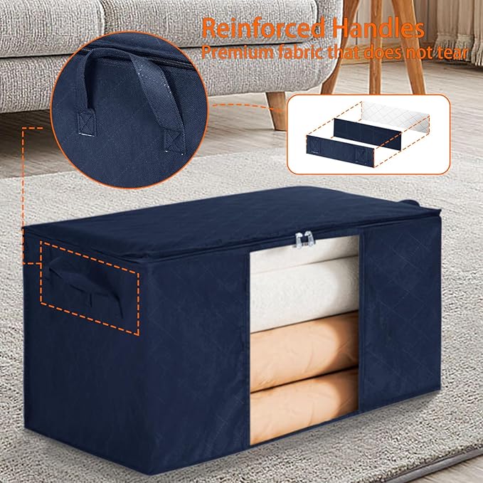 8 Pack Clothes Storage Bags - 60L Blanket Organizers and Storage for Closet Large Storage Bins with Lids and Zipper Storage Containers for King Comforter, Pillow and Sweater(Blue, 8 Pack)