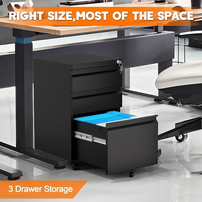 3 Drawer File Cabinet with Lock, Under Desk Metal Mobile Filing Cabinet with Wheels, Small Storage Cabinet for Home Office, Organizer for Letter/Legal/A4 Files, Rolling File Cabinet