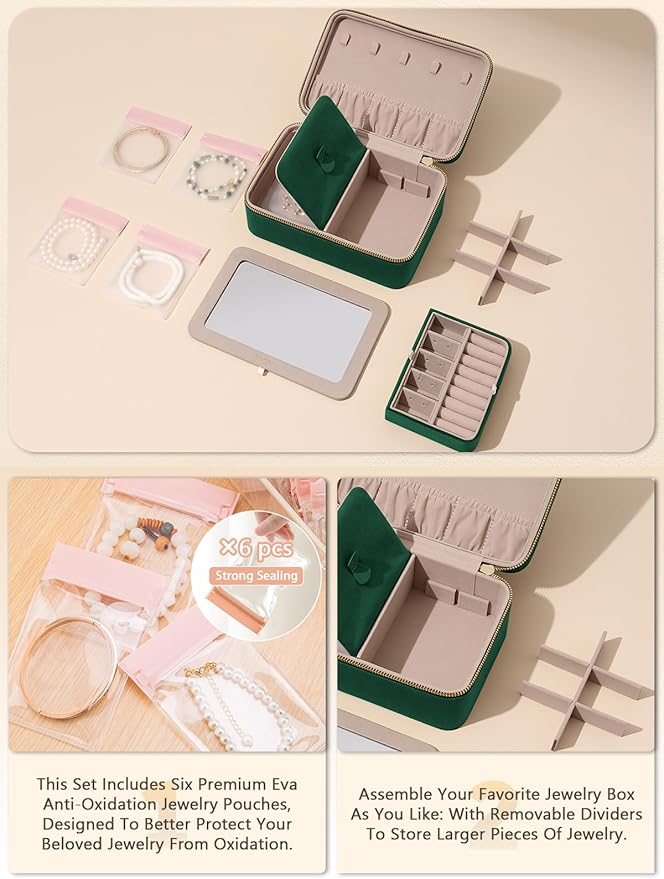 Velvet Travel Jewelry Box with Large Mirror, Double-Layer Jewelry Organizer Case for Women and Girls, Portable Storage Case with 6 Anti-Tarnish Bags Gift Ready for Her (Emerald Green)