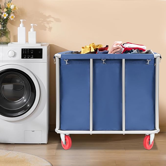 Commercial Laundry Cart with Wheels,Laundry Hamper Cart,Heavy Duty Rolling Laundry Basket with Large Capacity,Laundry Sorter Trolley for Home Hotel Apartment (Blue, 35.43 * 25.6 * 31.5in)