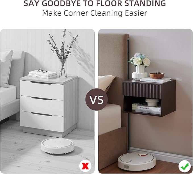 Floating Nightstand with Fluted Drawer - Modern Wall Mounted Bedside Table with Open Storage Shelf, Small Night Stand TV Stand for Bedroom(Espresso, Set of 2)