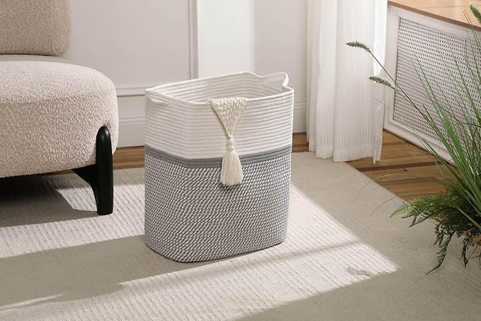 Tall Laundry Basket With Handles,Woven Cotton Rope Big Laundry Hamper Sorters,Versatile Storage for Dirty Clothes,Baby Toys,and Blankets in Bathroom, Nursery,and Living Room (White/Gray, 80L)