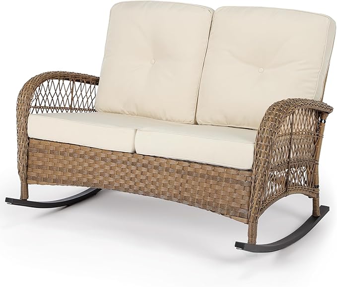 VIVIJASON Outdoor Wicker Loveseat Rocking Chair, 2-Person Patio Rattan Double Rocker Sofa with Thick Cushions, All-Weather Loveseat Rocker for Porch, Backyard & Garden