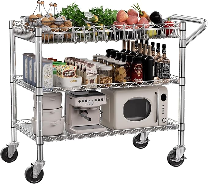 NTE Utility Cart with Wheels, 990lbs Capacity Metal 3 Tier Rolling Carts, NSF Kitchen Carts On Wheels with Storage, Heavy Duty Utility Cart with Handle & Wire Shelf for Indoor & Outdoor Use, Silver
