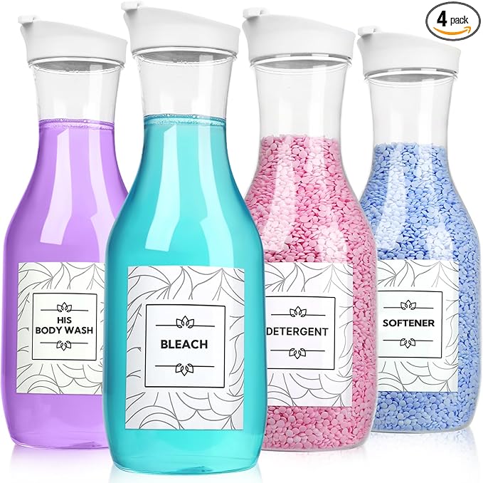 4 Pack Laundry Bottles 53oz Plastic Liquid Detergent Dispenser with 20 Label Laundry Room Organization for Liquid Powder Bleach Scent Booster Beads Soap Fabric Softener