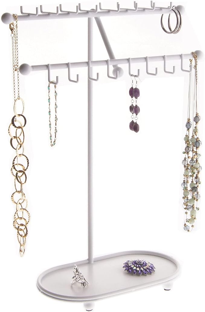 Angelynn's Sturdy Extra Long Necklace Holder Organizer Tall Tabletop Pendant Display Stand, Freestanding Large Capacity Jewelry Tree, Sharisa White 11 3/4" Wide x 16 1/2" Tall