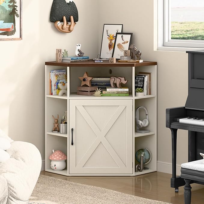 Corner Storage Cabinet, Farmhouse Corner Bookshelf with Storage 6-Cubby Wooden Cabinet with USB Ports and Outlets Industrial Organizer for Small Space, Study, Playroom, Living Room