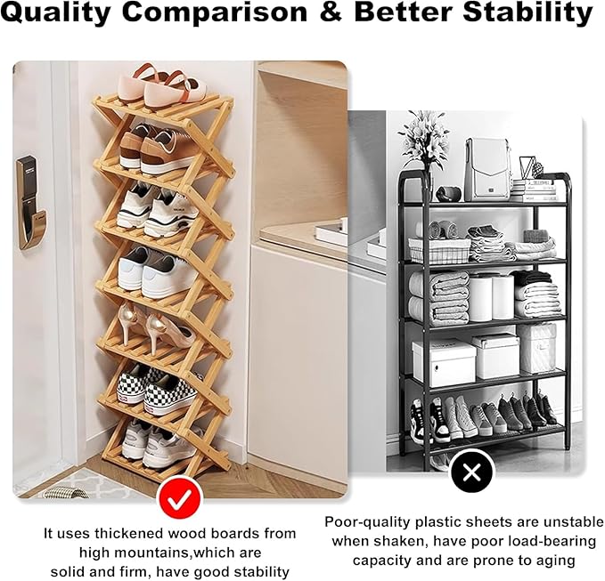 YYW Bamboo Shoe Rack for Entryway, Free Standing Shoe Racks Shelf Closet, Widen Foldable Vertical Shoe Storage Organizer for Living Room