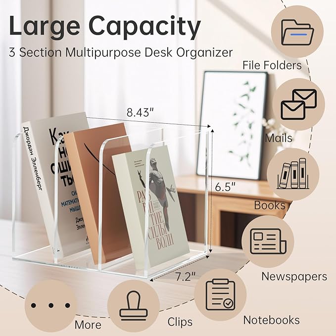 Acrylic Desk Organizer Book Organizer, Magazine File Holder, Vertical File Organizer Stand File Folder Holder, Mail Organizer Countertop Mail Sorter File Sorter, Clear Book Ends Book Holder