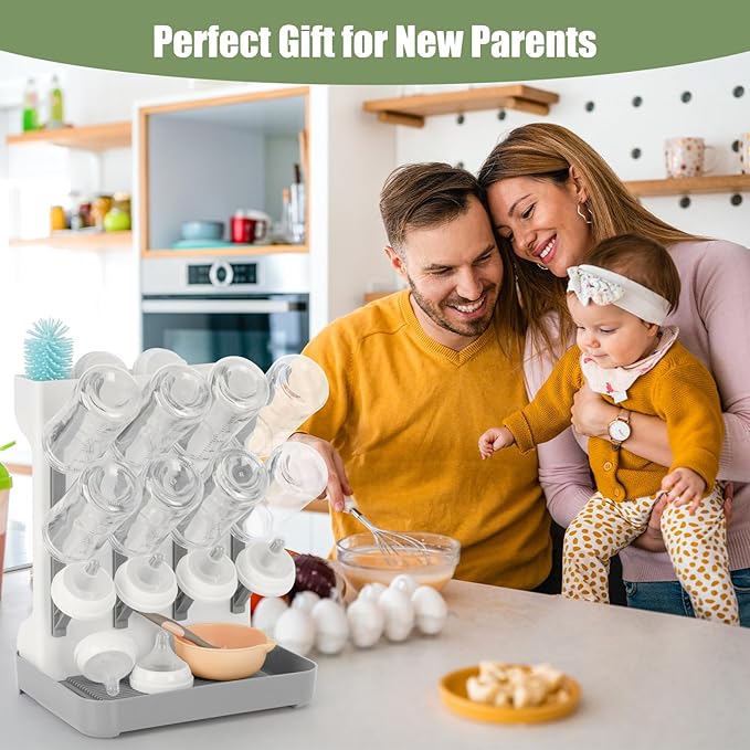 Baby Bottle Drying Rack, Space Saving Baby Bottle Organizer for Countertop, Vertical Bottle Dryer Holder with Brushes Holder, Large Bottle Storage Holder 12 Bottles & Baby Accessories Grey