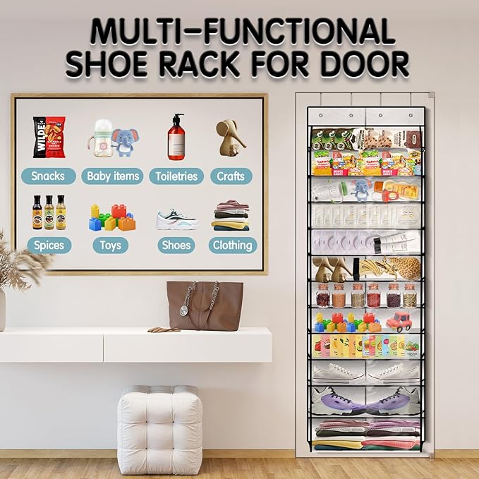Over The Door Shoe Organizer with 12 Large Breathable Pockets - Durable Hanging Storage for the Entire Family's Shoes - White