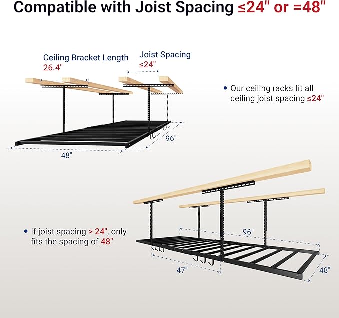 FLEXIMOUNTS 4x8 Overhead Garage Storage Rack with 6 Hooks, Adjustable Storage Organization System, Heavy-Duty Metal Ceiling Racks, 22.6" -39.4" Ceiling Dropdown, 2 Pack, Black, Lite Series