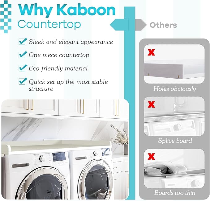 Kaboon Washer Dryer Countertop, Melamine Countertop with Edge Rails - 27.5" Depth x 54" Width Laundry Room Organization, White