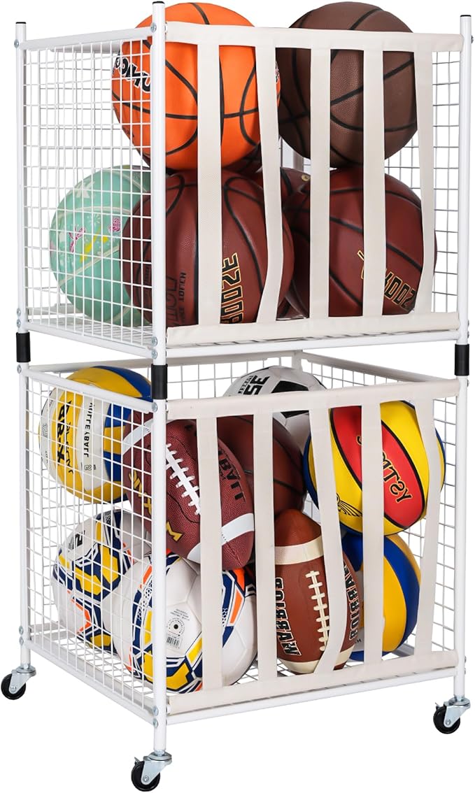 Mythinglogic Rolling Sports Ball Storage Cart, Sports Lockable Ball Storage Locker with Elastic Straps, Stackable Ball Cage for Garage Storage Garage Organizer