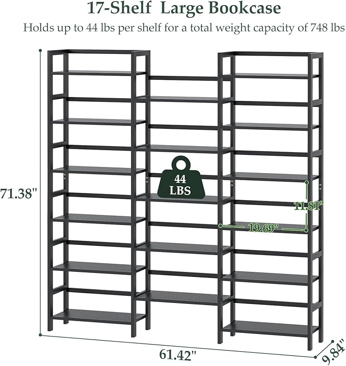 Homykic Bamboo Triple Wide Bookshelves and Bookcases, 6-Tier Shallow Open Bookcase with 17 Display Shelves, 6ft Super Large Freestanding Book Shelf for Home Office, Bedroom, Living Room, Dark Black