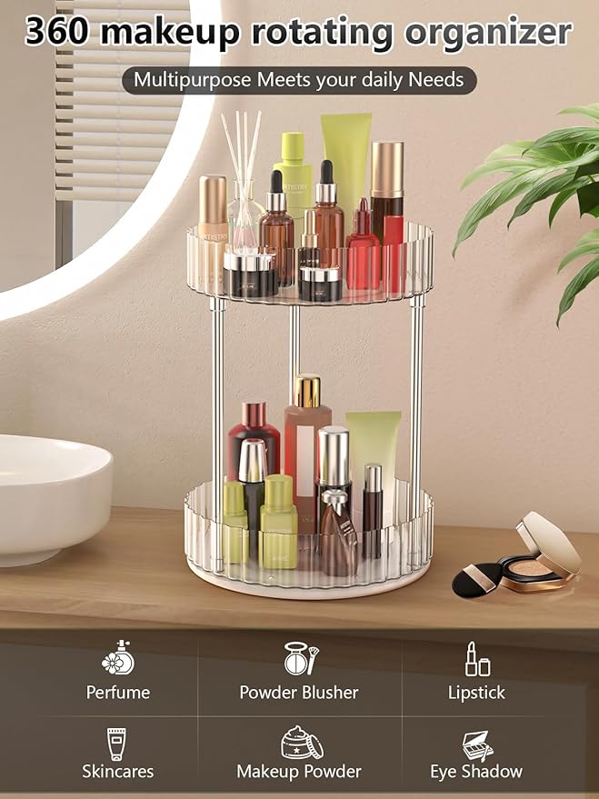 Makeup Organizer,360° Rotating Makeup Organizer, 2-Tier Round Rotating Skincare Organizer Countertop,Fits Bedroom, Bathroom, Vanity Shelf Countertop(Clear)
