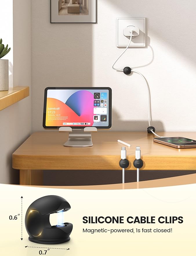 8Pack Magnetic Cord Organizer Clips - Lamicall [Mini-Soft Silicone] Cable Management for Phone Charger Cord, Durable Adhesive Cable Holder for Desk Nightstand, Home Office Organizer Gadget Accessories