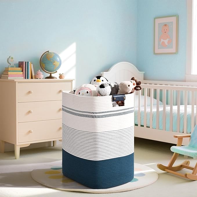 Laundry Hamper, 95L Tall Laundry Basket with Leather Handles, Rectangle Large Clothes Hamper for Organizing, Cotton Woven Laundry Baskets Storage Hampers for Bedroom, Nursery, Living Room