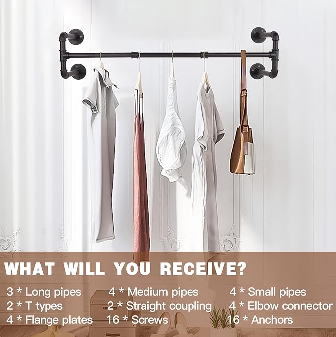 Wall Mounted Clothes Rack - 54" Industrial Pipe Clothing Garment Rack, Space-Saving Heavy Duty Detachable Black Iron Clothes Hanger Pole, Multi-Purpose Hanging Rod for Closet Storage, 4 Base