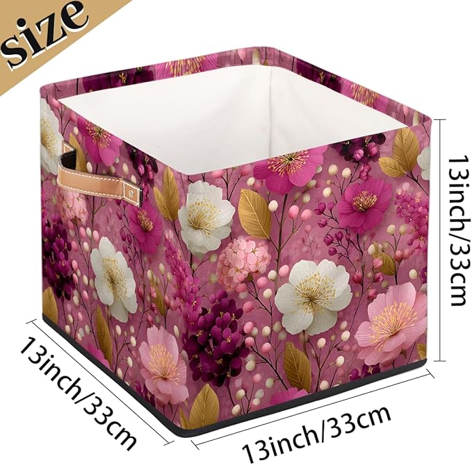 TropicalLife 13x13x13 Inch Large Fabric Storage Cube Pink Floral Print Foldable Storage Bin with Handles Organizer Boxes Cube Basket for Shelves Organizing Closet