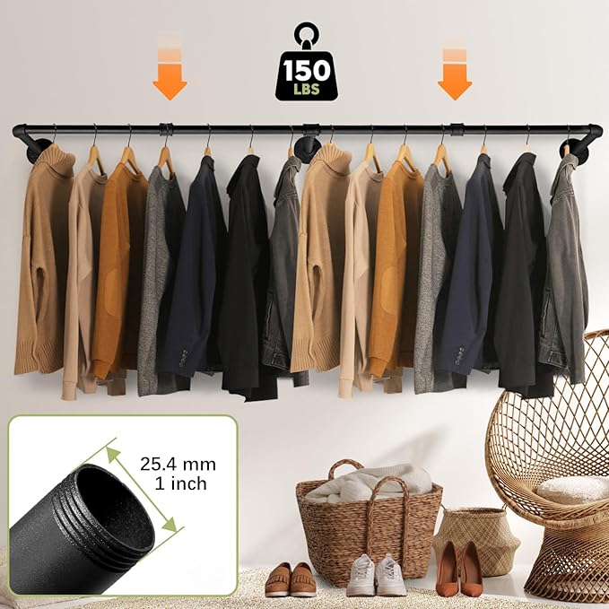 Industrial Pipe Clothing Rack, 66.1" Wall Mounted Clothes Rack Set of 2, Heavy Duty Closet Rod for Hanging Clothes, Space-Saving Detachable Iron Wall Garment Bar 3 Base