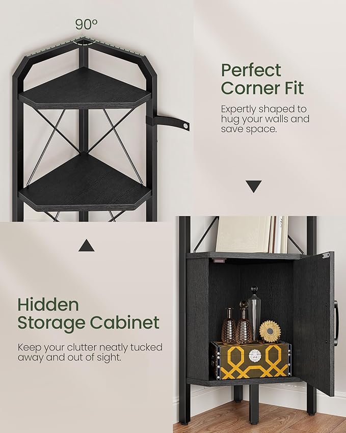 62.2" Corner Shelf with Cabinet, 4-Tier Tall Corner Bookshelf with X-Shaped and Diamond Design, for Living Room, Bedroom, Bathroom Storage, Black