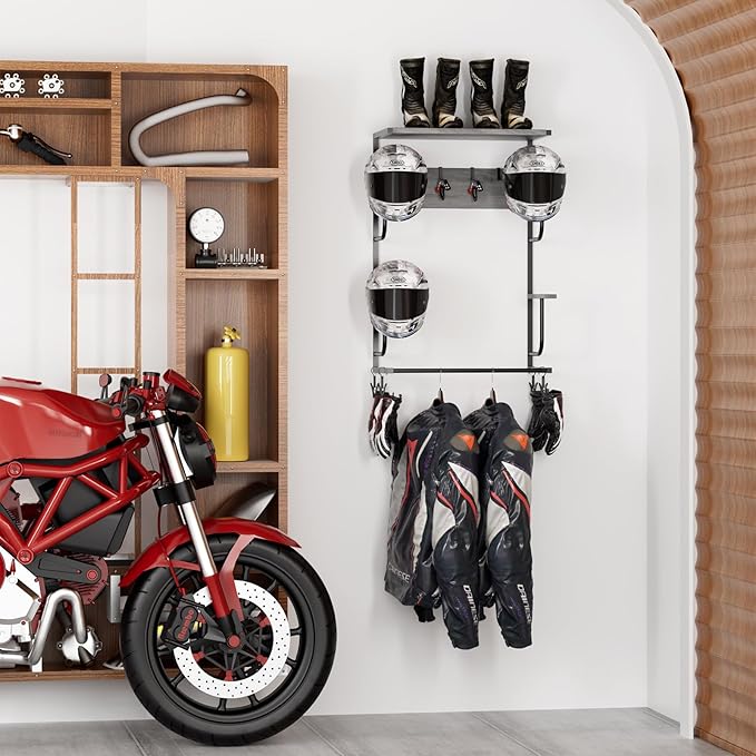 Motorcycle Helmet Holder Wall Mounted, Helmet Holder Wall Mount with Helmet Rack, 4 Glove Chips and 4 hooks, Rustic Helmet Holder and Motorcycle Helmet Rack for Most of Helmet and Clothes (Grey)