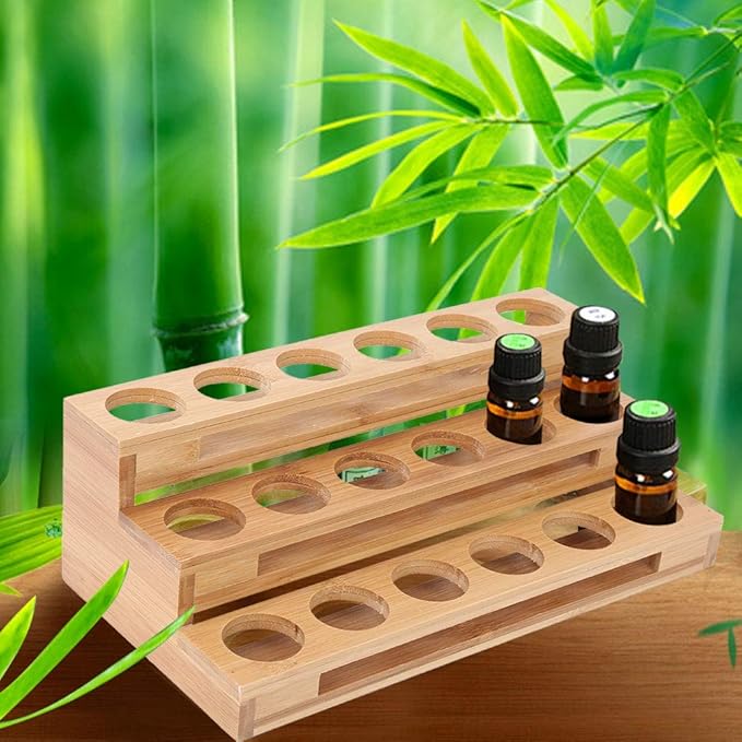 3 Tier Essential Oil Holder Stand, 1.4in Hole Diameter Wood Cosmetic Storage Organizer Rack, Makeup Display Stand for 18 Bottles