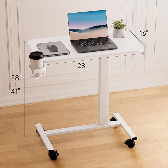COMHOMA Adjustable Overbed Bedside Table with Lockable Wheels, Pneumatic Mobile Standing Laptop Desk, Small Standing Desk Portable Rolling Overbed Table Hospital Home Use(28" W x 16" D, White)