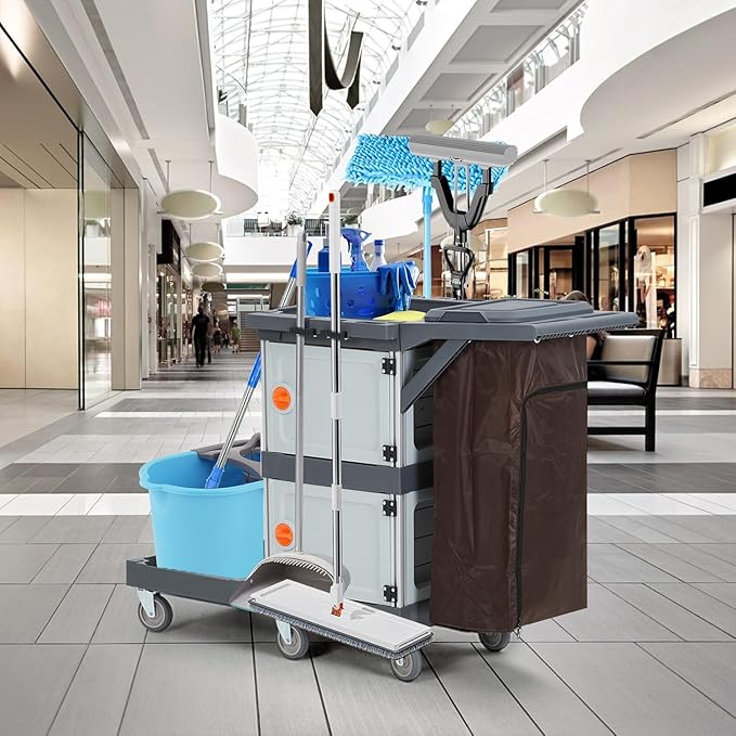 Commercial Janitorial Cleaning Cart: 3 Shelves + 2 Cabinets + Oxford Bag + Cover, Wheel Rolling Housekeeping Cart for School, Hotel, Apartment & More