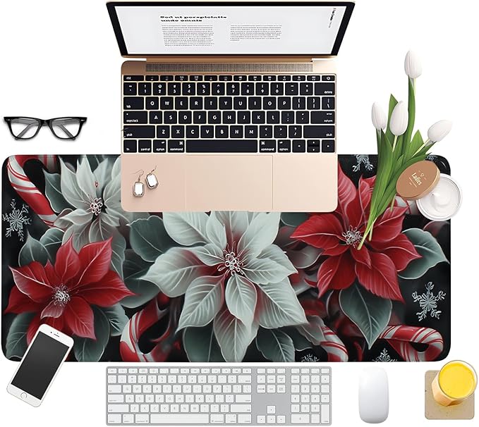 Christmas Flowers Gaming Mouse Pad 31.5"x11.8"Desk Mat Anti-Slip Rubber Base & Durable Stitched Edges for Gamers Smooth Mouse Writing Surface for Desk Office/Home
