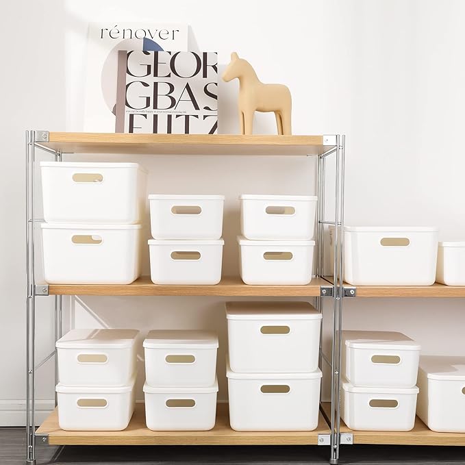 Plastic Storage Baskets Bins Boxes With Lids,Organizing Container White Storage Organizer Bins For Shelves Drawers Desktop Playroom Classroom Office,6-Pack(4M+2S)