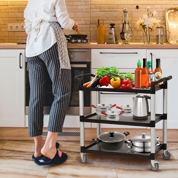 3-Tier Plastic Service Utility Cart with Wheels, Heavy Duty 3-Shelf Rolling Utility/Push Cart for Foodservice/Commercial/Restaurant/Office/Kitchen/Hotel, Black