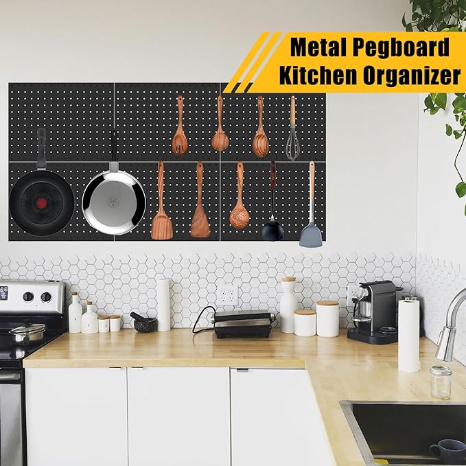 PBHEPJ 6 Pcs Metal Pegboard Panels, Heavy Duty Peg Boards for Garage and Garden Tool Storage, Includes Drywall Anchors and Screws Kits, Black (6 pcs 16in x 12in)