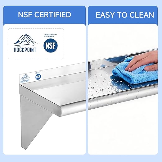ROCKPOINT Stainless Steel Shelf 14 x 60 Inches 400lb, NSF Metal Commercial Shelves Wall Mount Floating Shelving with Backsplash for Restaurant, Kitchen, Home and Hotel, Silver