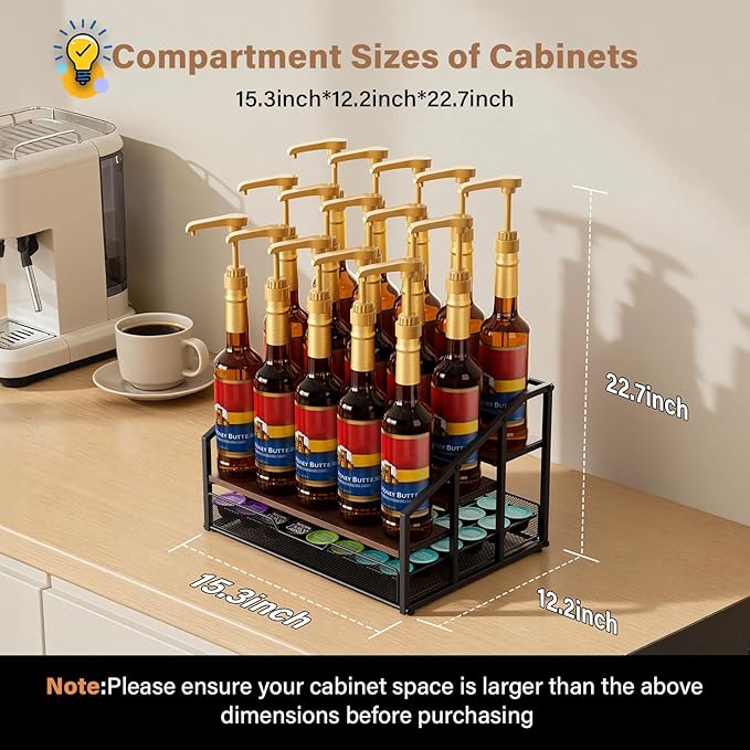 Coffee Syrup Rack Organizer, 4-Tier 12 Bottle Syrup Rack with 35 K Cup Drawer for Coffee Bar, Countertop Bottle Holder Stand for Dressing for Kitchen Cafe Station
