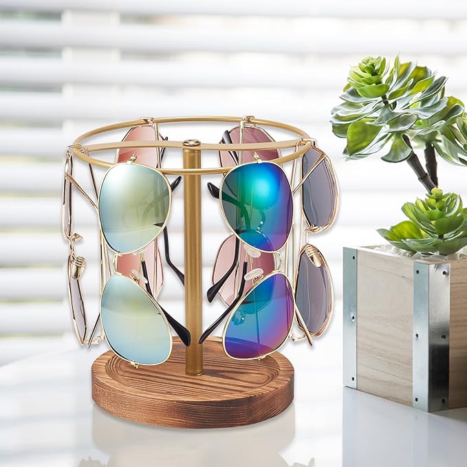 Sunglasses Organizer Wood Glasses Holder Stand, Metal Sunglass Storage Display Rack for 12Pairs Eyeglasses, Eyewear Organizer for Dresser Table Desk Countertop Bedroom (Gold Frame)