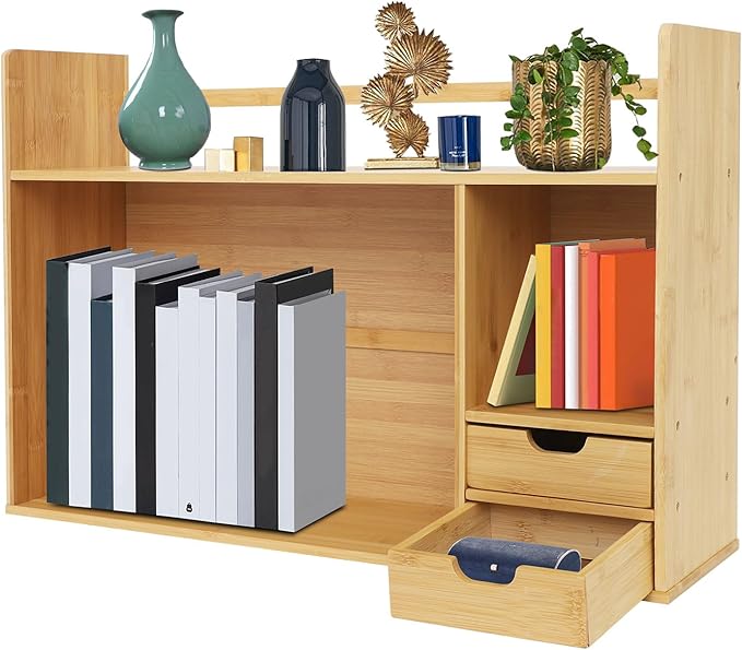 Bamboo Desktop Bookshelf 2-Tier Short Bookshelf with 2 Drawers Desk Shelf for Top of Desk Organizer Shelves Table Top Shelf Desktop Shelves for Offices & Studies (Long Style-26.77" L)