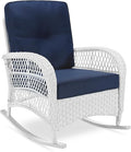 VIVIJASON Outdoor Wicker Rocking Chair, Patio Rattan Rocker Chair with Cushions & Steel Frame, All-Weather Rocking Lawn Furniture for Garden Backyard Porch (White Wicker/Navy Blue)