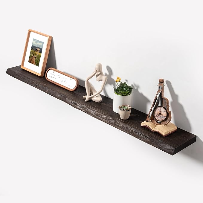 Axeman 55 inch Floating Shelves for Wall - 8'' D Live Edge Rustic Solid Elm Wood Floating Shelves Wall Mounted, Hanging Shelves with Invisible Bracket for Living Room Bedroom Kitchen, Walnut