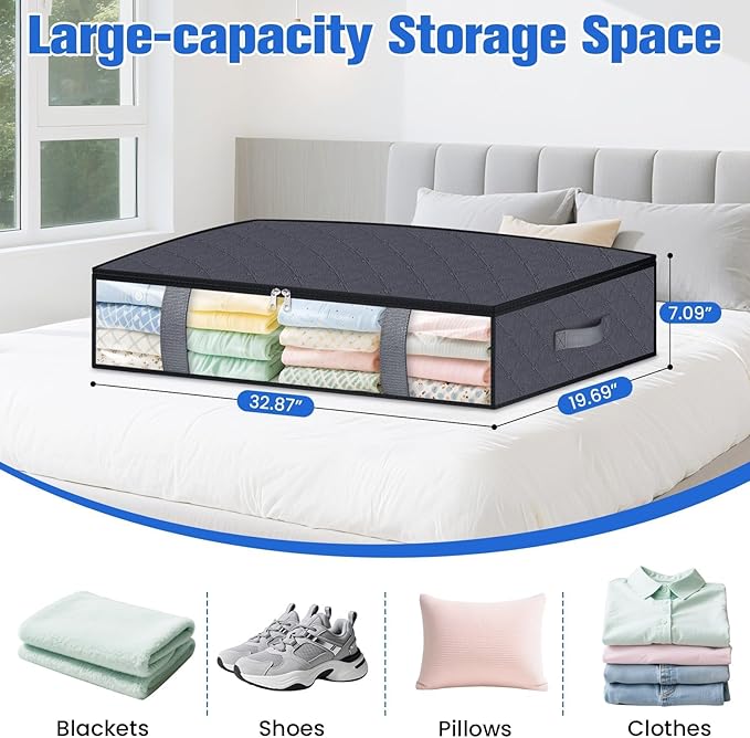 Under Bed Storage Containers, 4 Pack Blanket Storage Bags, Collapsible Storage Bags with Big Zippers, Clear Front, Shoe Storage and Organization for Clothes, Comforter, 75L, Grey