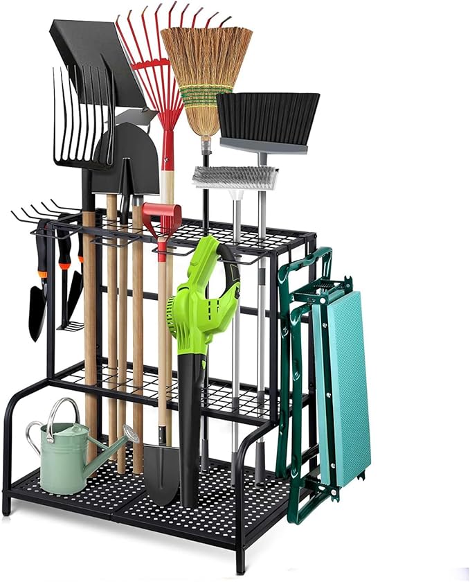 Garden Tool Storage Rack, 3 Tier Heavy-Duty Steel Garden Tool Organizer Stand Up To 70 Long Handled Shovels/Rakes/Brooms, 24×16×26inch Garage Tool Shelf for Shed, Yard, Garage