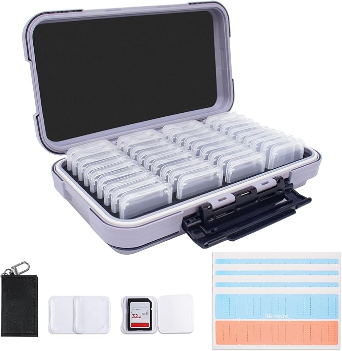 36-Slot Gray Memory Card Case with 36 Transparent Holders & 40 Writable Labels – SD Card Organizer & Storage Case for Camera Memory Cards