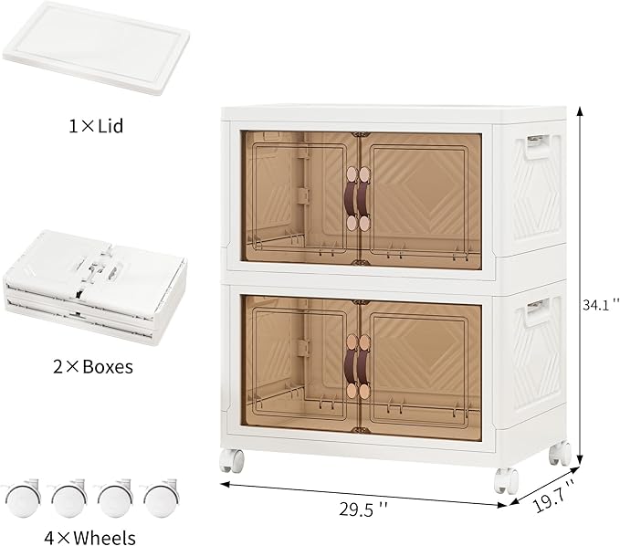 Storage Bins with Lids and Wheels, Collapsible Bathroom Storage Cabinet with Clear Doors, Plastic Stackable Closet Organizers and Storage Containers White 314 QT