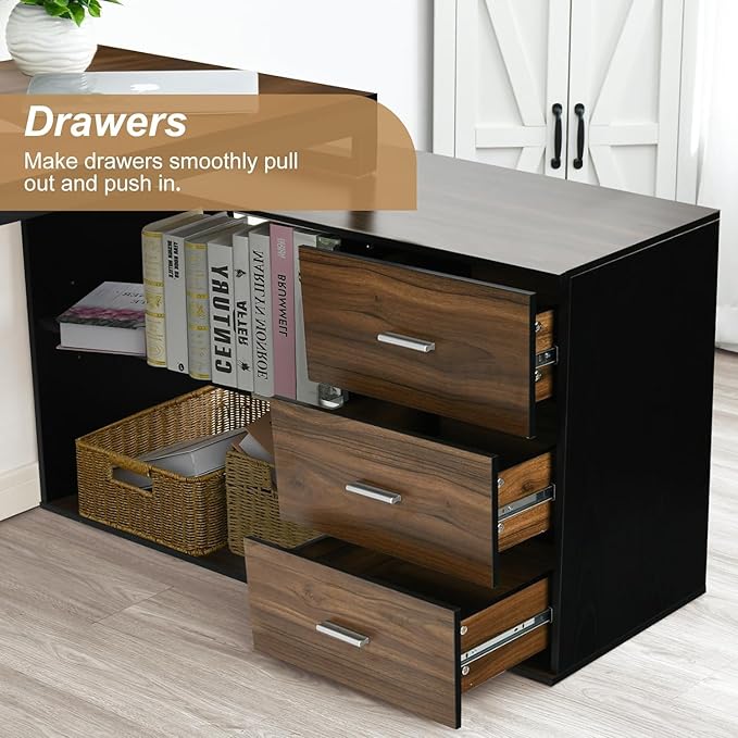 55 Inch L Shaped with Storage Shelves, Corner Computer Desk with Drawers, Home Office Desk with Removable Monitor Stand, Study Desk for Kids, Black