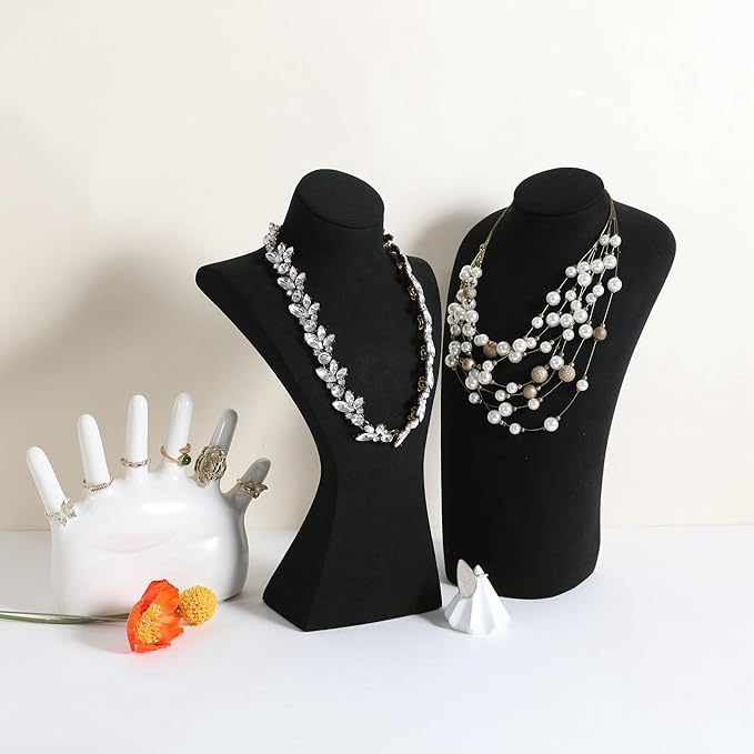 GemeShou Black necklace storage hanger stand jewelry organizer, Velvet jewelry stand necklace holder, jewelry mannequin bust for necklaces, jewelry bust display stands【Black-Large height 12 inch】