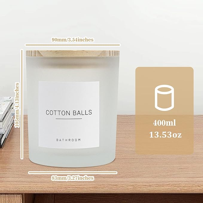 3PCS Modern 13.53oz Transparent Bathroom Canisters with 12 Labels & Wooden Lid Thick Glass Jar Set Qtip Holder for Cotton Ball & Pads Storage Organization Minimalist Decor